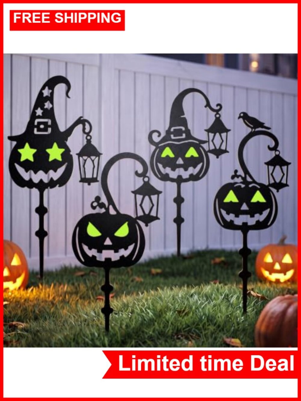 Halloween Pumpkin Yard Stakes Metal Outdoor Decor 4 Pack Glow in the Dark